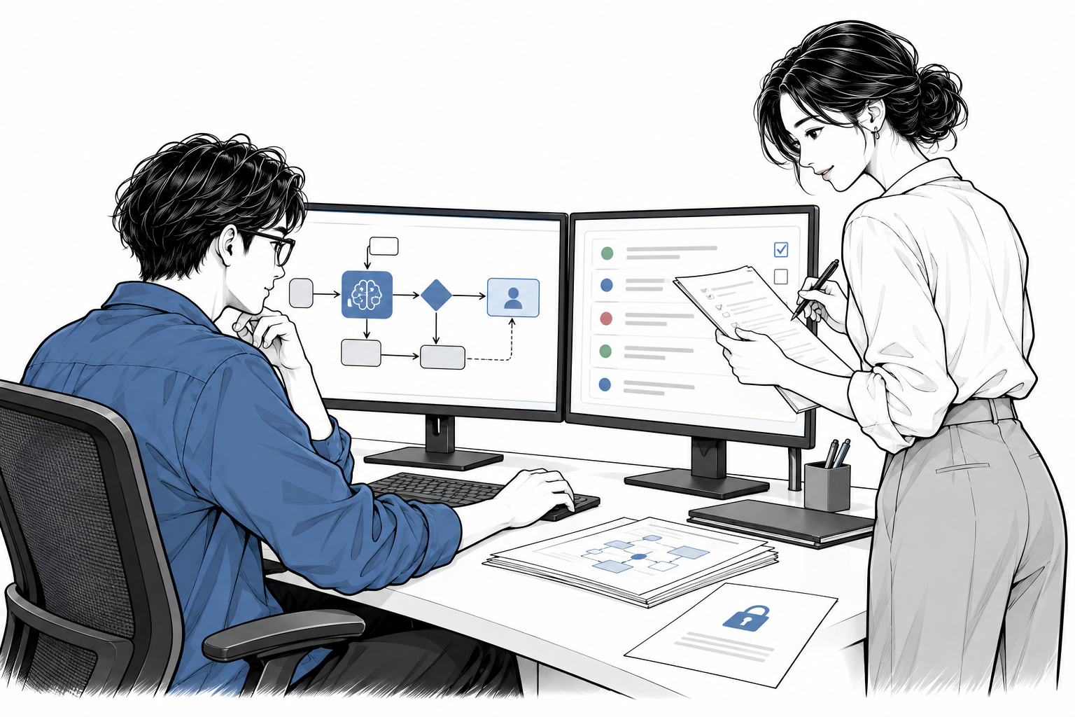 エンジニアと業務担当者がAIエージェントの処理設計とテスト結果を確認するイラスト