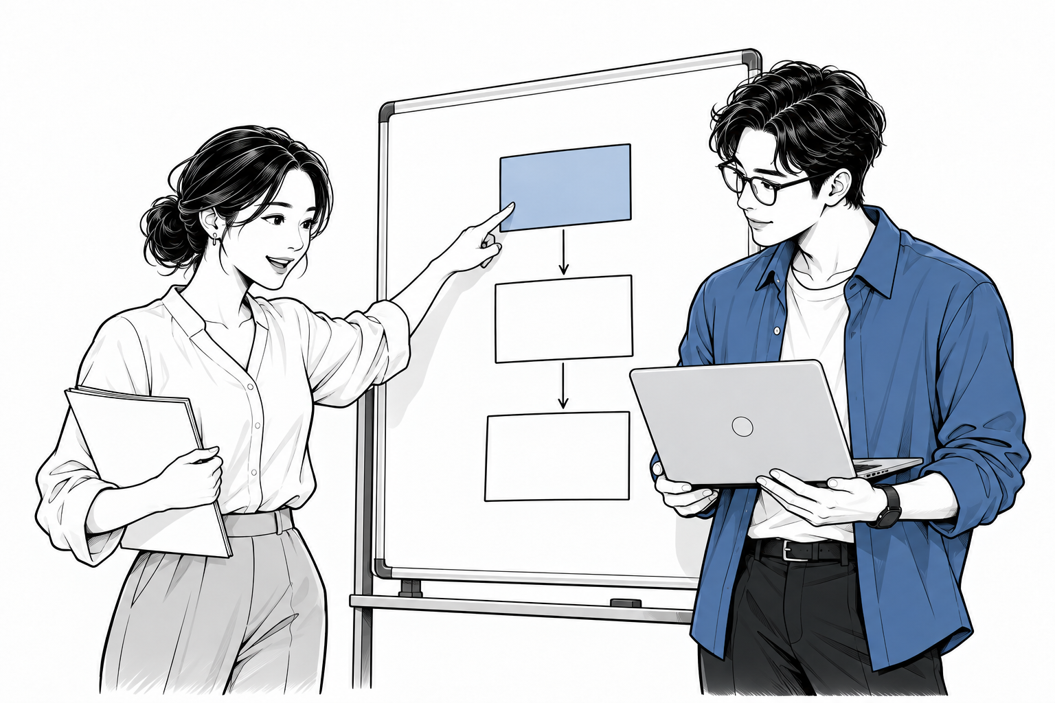 担当者とIT支援者が業務の流れを整理し、AIの活用場面を一緒に検討するイラスト