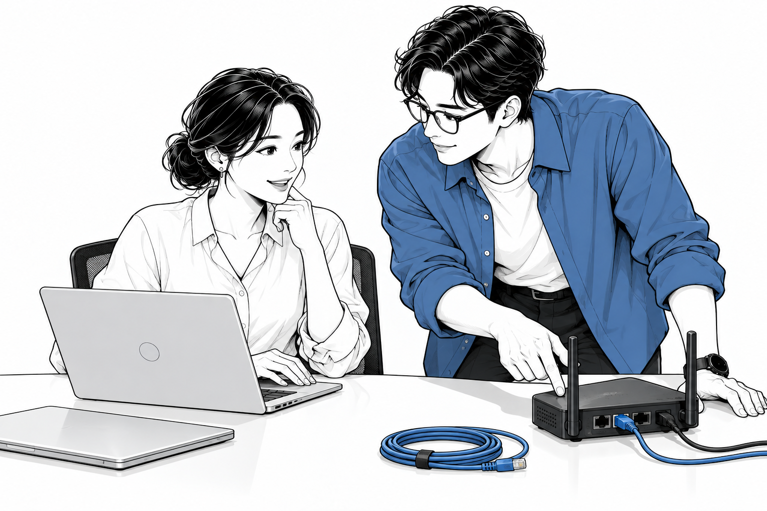 社員の隣で、IT担当者がPCとネットワーク機器の設定を支援するイラスト