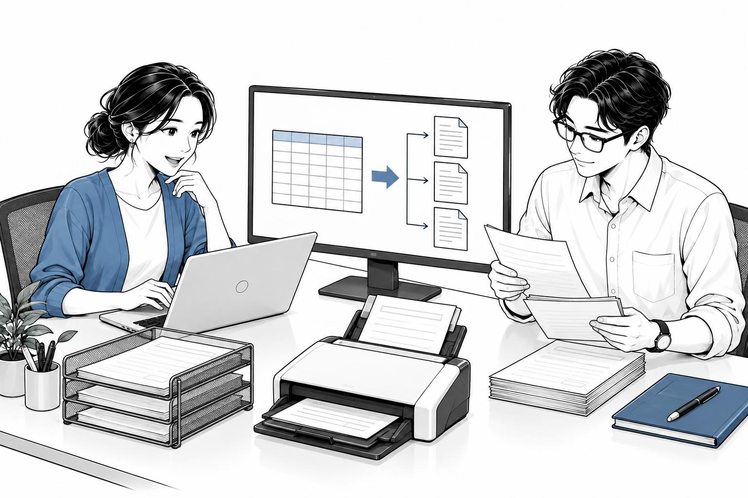 担当者たちが表計算データの集計と帳票作成の自動化を確認するイラスト