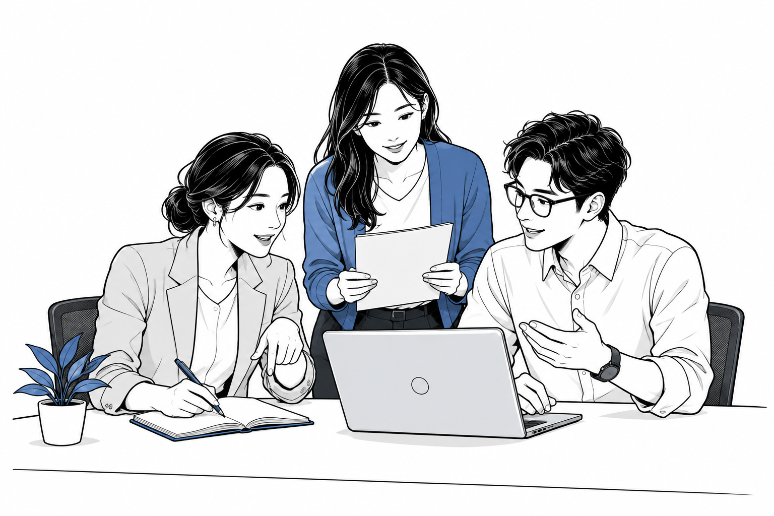 会社の担当者と社外のITチームが、ノートPCを囲んで相談するイラスト